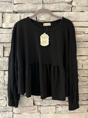 Altar’d State Baby Doll Peplum Long Sleeve Black Top Size Medium NWT